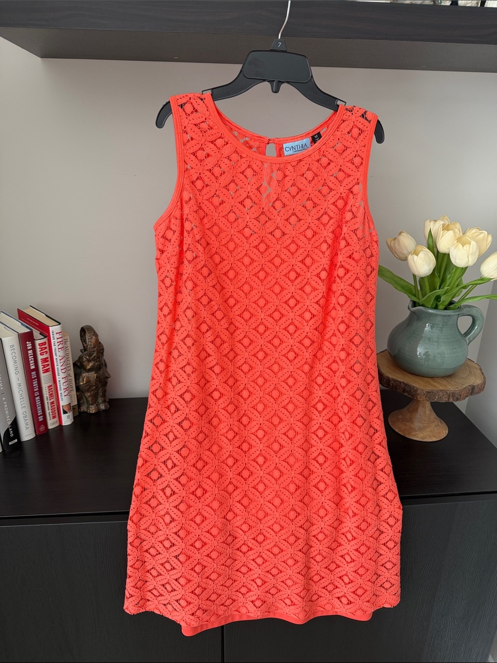 Cynthia Rowley Bright Coral Eyelet Sleeveless Shift Dress in Size M